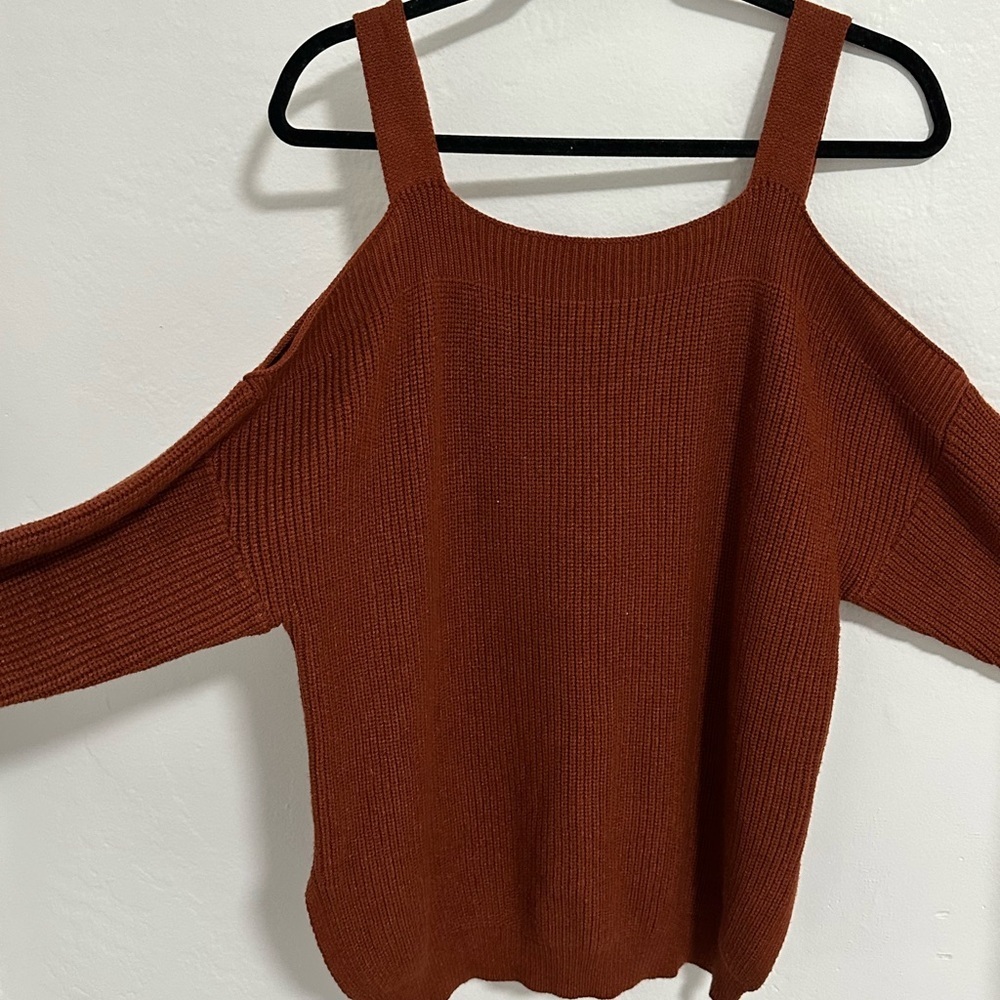 Brown Cold Shoulder Ribbed Knit Sweater – Women’s Medium, Strappy Pullover - Picture 5 of 11